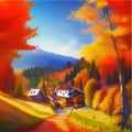 Sunny day in village house with road and orange autumn trees. Cartoon picture Royalty Free Stock Photo