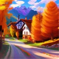 Sunny day in village house with road and orange autumn trees. Cartoon picture Royalty Free Stock Photo