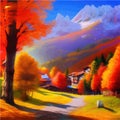 Sunny day in village house with road and orange autumn trees. Cartoon picture Royalty Free Stock Photo