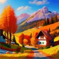 Sunny day in village house with road and orange autumn trees. Cartoon picture Royalty Free Stock Photo