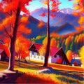 Sunny day in village house with road and orange autumn trees. Cartoon picture Royalty Free Stock Photo