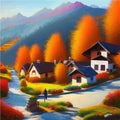 Sunny day in village house with road and orange autumn trees. Cartoon picture Royalty Free Stock Photo