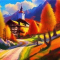 Sunny day in village house with road and orange autumn trees. Cartoon picture Royalty Free Stock Photo