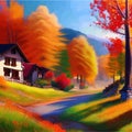 Sunny day in village house with road and orange autumn trees. Cartoon picture Royalty Free Stock Photo