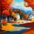 Sunny day in village house with road and orange autumn trees. Cartoon picture Royalty Free Stock Photo