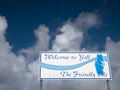 The Welcome to Yell sign at the Ulsta ferry terminal on the south of the island of Yelin Shetland, UK