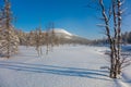 Sunny day Winter landscape with river and mountain Royalty Free Stock Photo