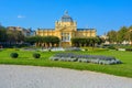 A sunny day in Zagreb, majestic building of Art Pavilion , tourist attraction with green lawn, water fountain and beautiful square Royalty Free Stock Photo