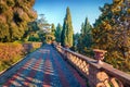 Sunny evening view of Taormina Giardini della Villa Comunale city park. Bright summer scene of Sicily, Itale, Europe. Traveling co Royalty Free Stock Photo