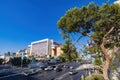 Sunny exterior view of the strip cityscape