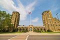 Sunny exterior view of the War Memorial building of Cornell University