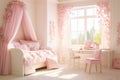 Sunny fairytale and magical bedroom inspired by flower petals. Soft pink walls, white petal-patterned rugs and pink