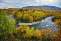 Sunny fall autumn view of Abisko National Park, Kiruna Municipality, Lapland, Norrbotten County, Sweden, with Abiskojokk river,