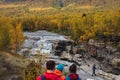 Sunny fall autumn view of Abisko National Park, Kiruna Municipality, Lapland, Norrbotten County, Sweden, with Abiskojokk river,