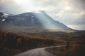 Sunny fall autumn view of Abisko National Park, Kiruna Municipality, Lapland, Norrbotten County, Sweden, with Abiskojokk river,