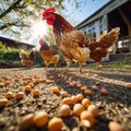 Sunny Farmyard with Free-Range Hens Pecking Seeds