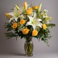 Tiger Lily Arrangement: Yellow Roses And Lilies In Mark Lovett Style Royalty Free Stock Photo