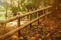 Sunny fence of logs in the Park in autumn