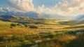 Sunny Fields and Distant Mountains in Pastoral Landscape