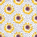 Sunny flowers in white, yellow, purple colors. White background with dots on botanic seamless pattern