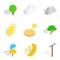 Sunny forest icons set, isometric style