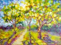 Sunny forest wood trees Original oil painting Royalty Free Stock Photo