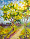 Sunny forest wood trees Original oil painting Royalty Free Stock Photo