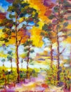 Sunny forest wood trees Original oil painting Royalty Free Stock Photo