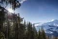 Sunny french alps mountain snow view in les arcs france