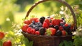 Sunny garden with a basket of mixed berries