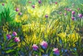 Sunny Glade pink and purple flowers in summer vegetable garden forest oil painting