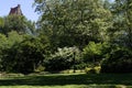 Sunny Green Landscape at Central Park during Spring with a Street Light in New York City Royalty Free Stock Photo