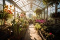 sunny greenhouse, filled with blooming orchids and other tropical plants