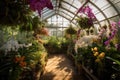 sunny greenhouse, filled with blooming orchids and other tropical plants