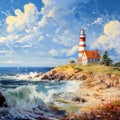 Sunny Impressionist Painting: Lighthouse On The Shore