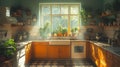 Sunny Kitchen with Plants and Natural Light Generative AI Royalty Free Stock Photo
