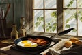 Sunny kitchen scene with breakfast cooking on stove. - AI Generated