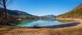 Sunny lake shore Walchensee, Rissbachstollen Jachenau, at early springtime. upper bavaria