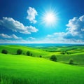 Sunny landscape with green field and clear blue Beautiful panoramic natural