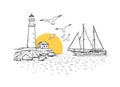 Sunny landscape vector sketch illustration with lighthouse, sailboat, seagulls, sun and sea. Design for poster, banner and card Royalty Free Stock Photo