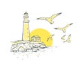 Sunny landscape vector sketch illustration with lighthouse, seagulls and sunrise or sunset. Summer background in yellow and gray