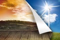 Sunny landscape on wall over turbine background