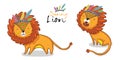 Sunny lion set. King of the jungle. Animal vector illustration