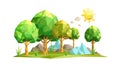 Sunny low poly forest with bright green trees, vector design Generative AI Royalty Free Stock Photo