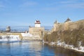 Sunny day on the Narva River. View of Herman Castle and Ivangorod Fortress. Border of Estonia and Russia