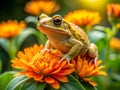 Sunny Meadow Delight: Tiny Yellow Toad on Vibrant Orange Bloom Royalty Free Stock Photo