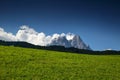 Sunny meadow and forest with jagged peak of Sexten Dolomites Royalty Free Stock Photo