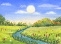 Sunny meadow landscape grass, flowers, little river, trees, watercolor hand drawn illustration