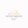 Sunny Melon Farms Abstract Vector Sign, Symbol or Logo Template. Hand Drawn Melon Sketch with Retro Typography. Vintage Royalty Free Stock Photo