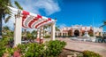 Sunny mid-day in Varadero, Cuba. Coloruful terraces at a resort hotel. - getaway on vacation in Cuba. Royalty Free Stock Photo